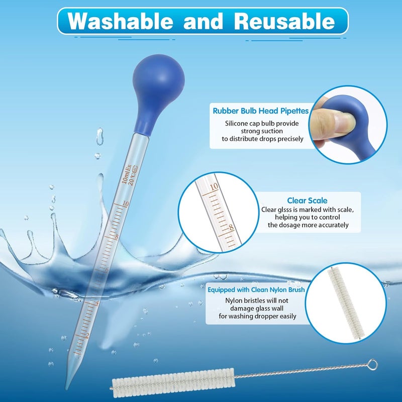 Asherxin 8 Pack Glass Pipette Dropper Lab Graduated Dropper Liquid Pipette with Rubber Cap+ 2 Cleaning Brush for Liquid Essential Oil Lab Dropper Pipettes Transfer (4pcs 5ml Dropper+4pcs 10ml Dropper) - Image 3